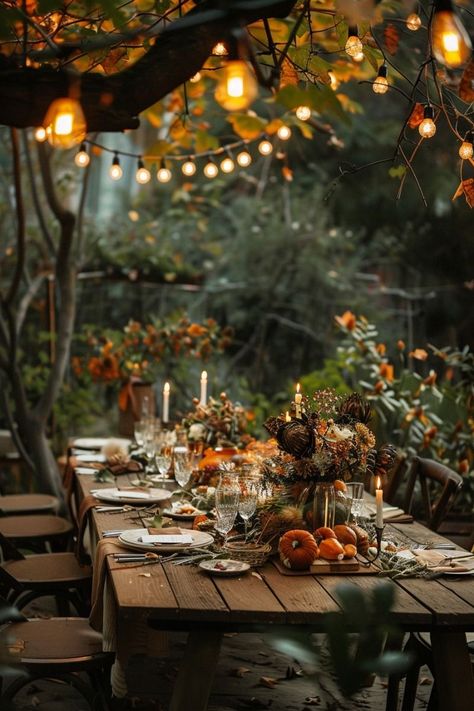 Fall Garden Dinner Party, Autumn Backyard Wedding, Autumnal Dinner Party, Outdoor Fall Party, Autumn Garden Party, Dinner In The Woods, Fall Tea Party, Fall Garden Party, Autumn Dinner Party