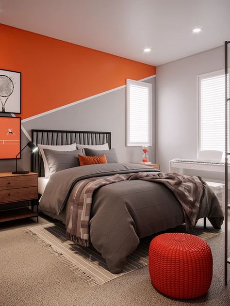 PROJECTS | Sol Interiors Boy Room Paint, Grey Bedroom, Orange Accents, Interior Design Firm, Boys Bedrooms, Boy's Bedroom, Room Paint, Boys Room, Interior Design Firms