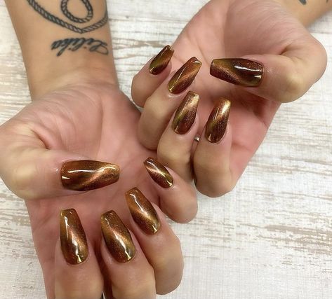 Brown Tiger Eye Nails, Tigers Eye Nails, Brown Cat Eye Nails, Md Nails, Brown Cat Eye, Nexgen Nails, Bday Nails, Euphoria Makeup, Eye Nails