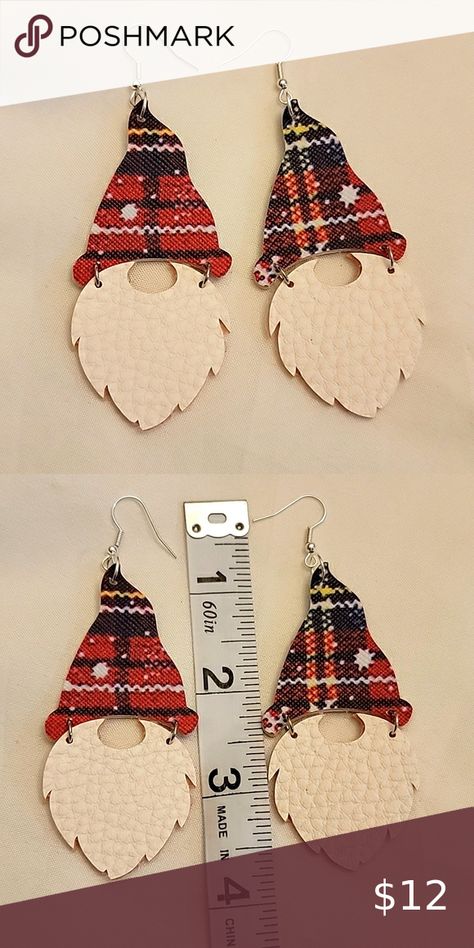 Handmade Faux Leather Christmas Gnome Earrings Button Inspiration, Gnome Earrings, Xmas Earrings, Cricut Earrings, Leather Christmas, Cork Ideas, Diy Leather Earrings, Clay Techniques, Earrings Double