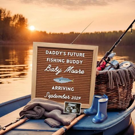 Super cute fishing pregnancy announcement idea perfect for anyone who loves fishing, camping, or outdoors. Customize these cute ideas for a fun announcement to use for social media or to print and send to the new grand parents, family, and friends. Simple and unique way to announce your pregnancy with a perfect fishing aesthetic. Fishing Baby Announcement, Fishing Pregnancy Announcement, Summer Pregnancy Announcement, Baby Boy Announcement Cards, Pregnancy Scan, Announcement Pictures, Unique Pregnancy Announcement, Boy Announcement, Baby Announcement Photoshoot