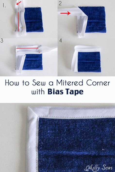 How to Sew a Mitered Corner with Bias Tape - Bias Tape Corners - Melly Sews Bias Tape Corners Tutorials, How To Sew Bias Tape On A Quilt, How To Sew Bias Tape Corners, Sewing Bias Tape On Corners, How To Sew On Bias Binding, Sew Bias Tape How To, How To Use Bias Tape Tutorials, Fabric Edge Finishing, How To Sew Bias Tape On