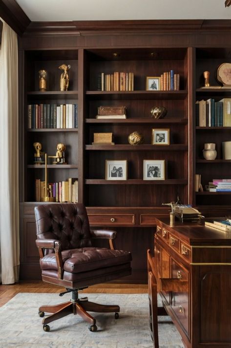 His And Hers Office Space, Bank Office Design, Cherry Wood Office, Home Office French Doors, Simple Workspace, Mahogany Office, Old Money Office, Color In Interior Design, Office French Doors