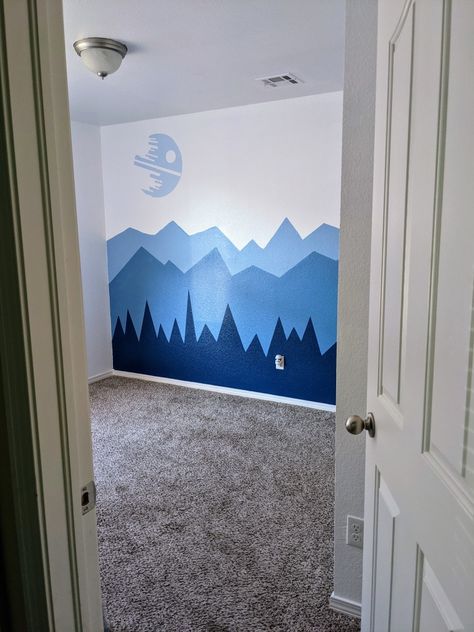 Star Wars Nursery Mural, Endor Themed Nursery, Star Wars Kid Room, Nursery Ideas Star Wars, Star Wars Toddler Room, Starwars Nursery Themes, Baby Boy Nursery Star Wars, Baby Star Wars Nursery, Starwars Mural