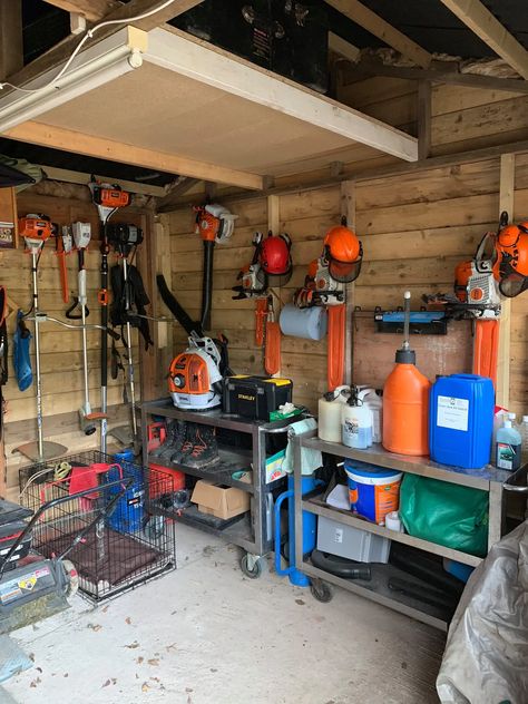 Backpack Blower Storage Ideas, Weedeater Storage Ideas, Chainsaw Storage Ideas, Wedding Garden Ideas, Chainsaw Storage, Wall Shelving Systems, Garage Workshop Layout, Basement Workshop, Garage Shelves