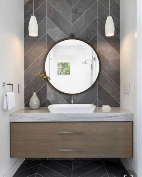 Makeover Kamar Mandi, Modern Powder Rooms, Dark Wood Bathroom, Modern Bathroom Interior, Bathroom Vanity Designs, Washbasin Design, Wood Bathroom Vanity, Powder Room Design, Bad Inspiration