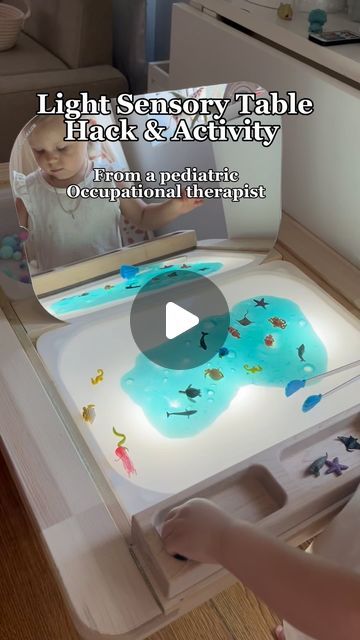 Akilina | Pediatric Occupational Therapist on Instagram: "Light Up Their Sensory Play! 🌟  👋🏻 Hi, I’m Akilina! I’m a pediatric occupational therapist and a passionate mom devoted to early childhood development. I’m thrilled to share essential tips for a thriving journey in your child’s growth!  Adding illumination to our sensory activities has really taken things to the next level! The added visual stimulation not only captivates attention but also helps prolong engagement, making the experience even more enriching.  For this ocean-themed sensory play, we focused on building hand strength and fine motor skills like grip using blue slime and mini ocean creatures from @safariltd   With the help of a light table insert, lid mirror, and tinker tray from @button_and_bug, our regular slime pla Stimulation Activities, Tinker Tray, Blue Slime, Sensory Lights, Light Activities, Ocean Activities, Sensory Table, Early Childhood Development, Childhood Development