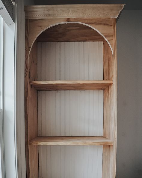 DIY Arched Pantry Cabinets: the evolution of 🫶🏽 3 years later and I wouldn’t change ONE thing about these upper arched cabinets. They hold all of our appliances and YES I actually wanted them to be open. I love being able to see everything. The bottom cabinets you ask? The answer is always drawers… ALLLLL Drawers. That’s the only thing I’d change 🙌🏽 Happy Friday loves ❤️ “There is no fear in love” . . #pantrygoals #pantrymakeover #pantrydesign #diyhomeimprovement #diyproject How To Add An Arch To A Bookshelf, Arched Built In Kitchen, Alcove Pantry, Arched Cabinet Kitchen, Diy Arched Built Ins, Arch Cabinet Diy, Diy Arched Bookcase, Hutch Bar Ideas, Kitchen Bookshelf Ideas