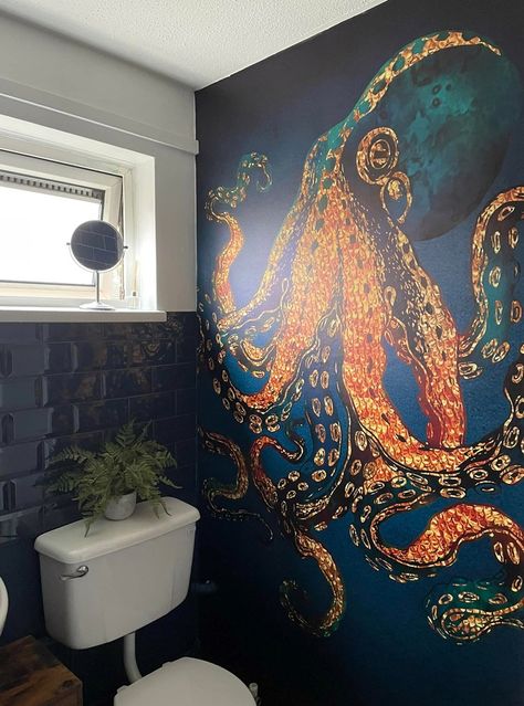 Unique Toilet Decor Ideas to Wow Your Guests | Wallsauce UK Small Toilet Room Ideas, Toilet Decor Ideas, Dark Octopus, Kids Bathroom Wallpaper, Octopus Wallpaper, Bathroom Wall Coverings, Blue And Gold Wallpaper, Toilet Decor, Small Toilet Room