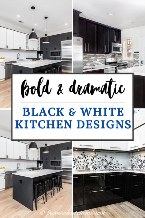 bold & dramatic black and white kitchen designs Black And White Cupboards, Off White And Black Kitchen, Black And White Cabinets Kitchen, Farmhouse Kitchen Black And White, Kitchen Cabinets Black And White, Black And White Kitchen Cabinets, Black Decor Ideas, White French Country Kitchen, Black And White Kitchens