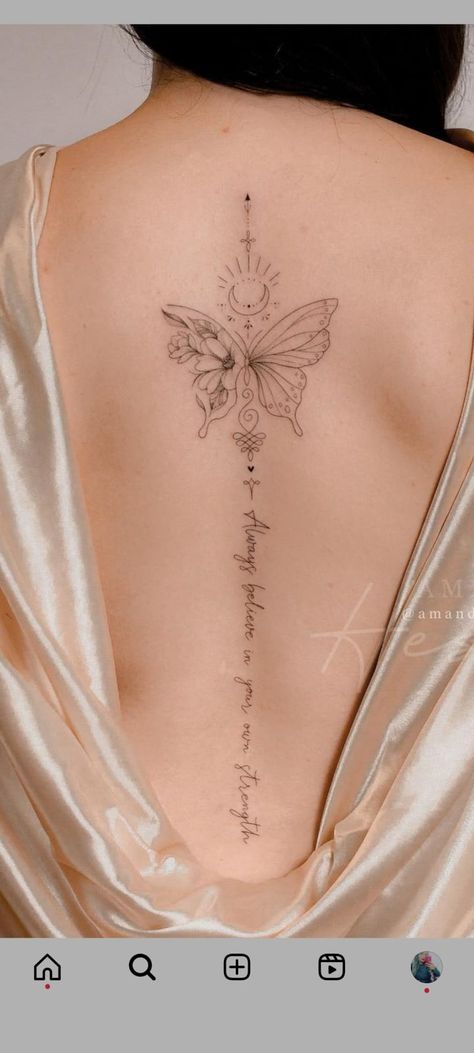 Spine Tattoo Quotes, Back Tattoos Spine, Feminine Back Tattoos, Font Tato, Rare Tattoos, Butterfly Back Tattoo, Composition Techniques, Tattoos Infinity, Tattoos For Women Flowers