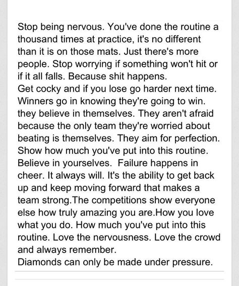 @Bailey Francine Mills I thought of you and the girls when I saw this! We should totally use it in their pre-comp goodie bag/gift! Cheer Motivation, Gymnastics Motivation, Cheer Fundraiser, Cheer Crafts, Competition Quotes, Cheerleading Quotes, Dance Competitions, Cheerleading Competition, Stage Fright