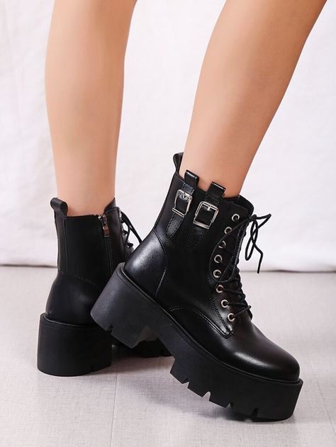 Lace-up Front Buckle Decor Platform Combat Boots | SHEIN USA Platform Combat Boots, Wedges Heels, Hot Shoes, Trendy Shoes, Heels Sandals, Shoe Style, Biker Boot, Combat Boots, Women's Shoes