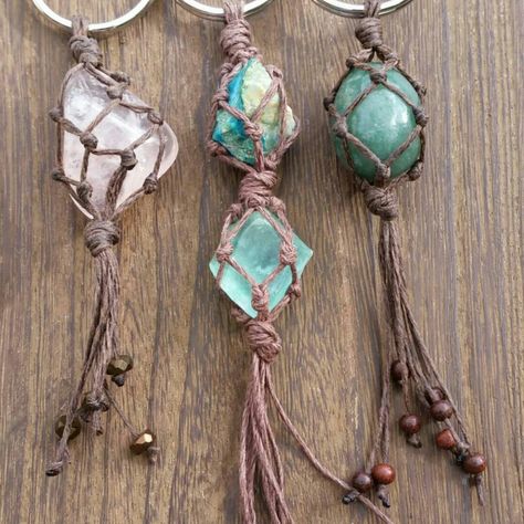 Love these macrame, energy filled gemstone keychains in rose quartz, chrysocolla, aventurine, calcite....  So bohemian. What is your favorite gemstone? Macrame Stone Keychain Diy, Crystals Macrame, Spiritual Healing Crystal Necklace With Macrame, Macrame Gemstone Wall Hanging, Macrame Gemstone Keychain, Rock Art, Rose Quartz, Turquoise Bracelet, Turquoise Necklace