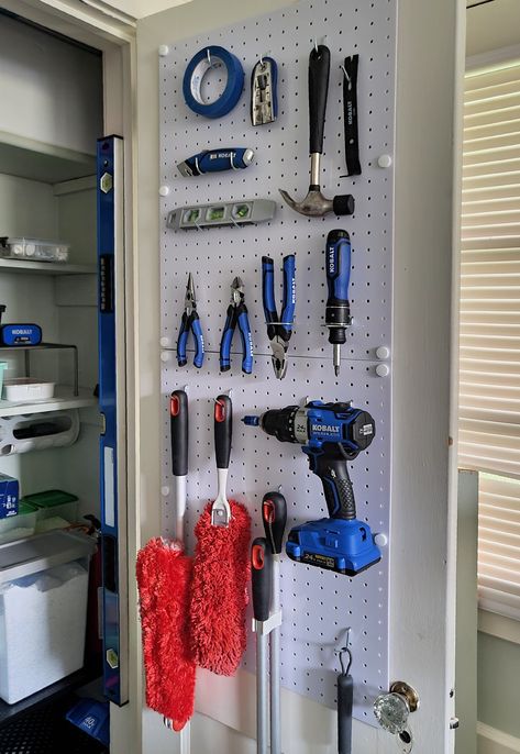 Tool Storage Ideas Small Spaces Apartment, Tool Storage Inside House, Tools Storage Ideas Small Spaces, Closet Tool Storage, Tool Storage Cupboard, Organizing Tools In House, Small Basement Ideas Storage, Tool Storage Apartment, Small Tool Closet Organization