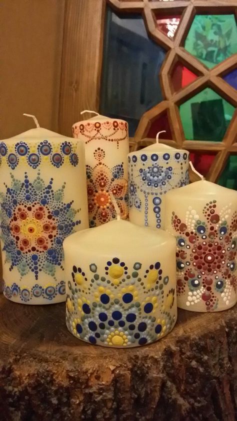 Dot Art Designs, Candle Painting, Henna Candles, Mandala Rock Art, Magic Day, Hand Painted Candles, Creative Candles, Mandala Design Pattern, Painted Candles