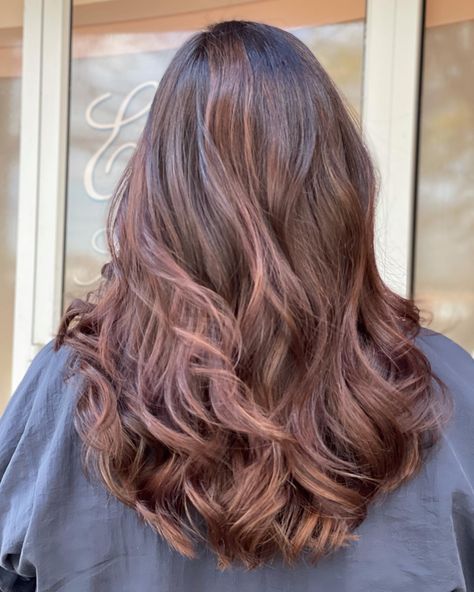 Dark Strawberry Brown Hair, Rose Brown Balayage, Strawberry Brown Hair, Violet Brown Hair, Balayage Pink, Brown Hair With Pink Highlights, Chocolate Mauve Hair, Violet Brown, Haircut Inspo