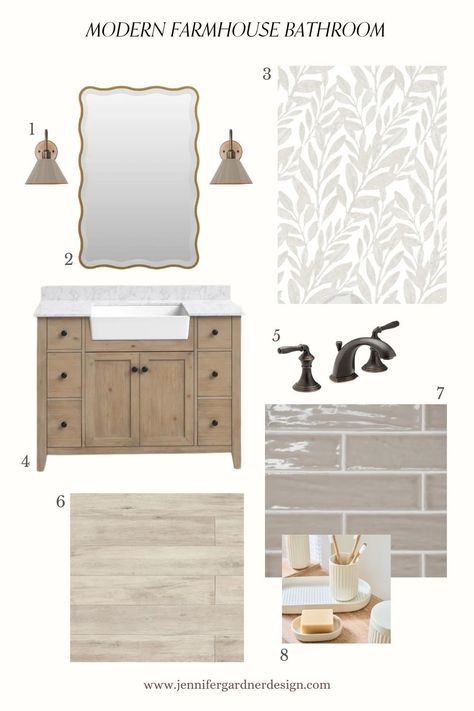 Get The Look: Bathroom Mood Boards Vol. 7 Modern Farmhouse Bathroom Mood Board, White Bathroom With Wood Accents, Farmhouse Bathroom Mood Board, Bathroom Mood Board Inspiration, Bathroom Mood Boards, Modern Farmhouse Master Bath, Interior Design Vision Board, Modern Farmhouse Bathroom Ideas, Master Remodel