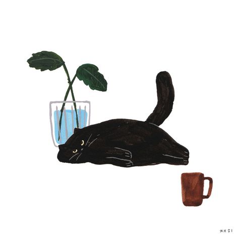 I Want To Live, Illustration Doodle, Black Cat Art, A Black Cat, Cats Illustration, Arte Animal, Art And Illustration, Painting Drawing, Cat Painting