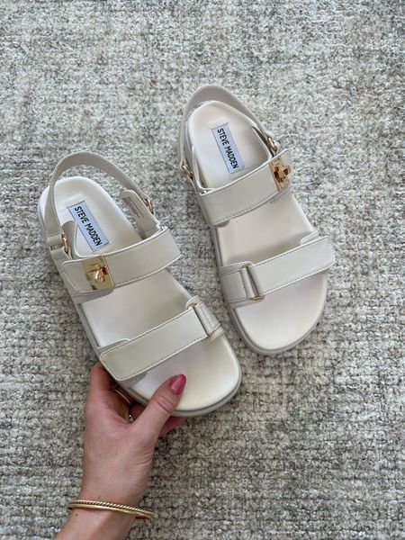 Here are some cute white strappy spring sandals! I'm loving this dad sandal style and it's under $100. I linked it on my LTK page if you want to check it out - it matches with almost everything! | sandals, shoes, footwear, spring, looks, style, fashion, inspiration, ideas, shop, shopping Everyday Footwear For Women, Dad Sandals Outfit, White Sandals Outfit, Sandal Aesthetic, Aesthetic Sandals, Sandals Outfit Casual, Sandals Aesthetic, Classy Sandals, Sandals Design