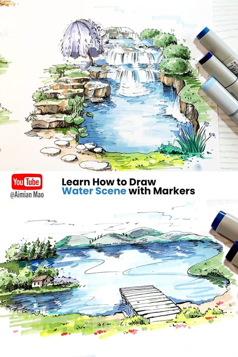 learn how to draw water scene with markers. tutorial on Youtube. #inkdrawing #illustration #copicmarkers #markerrendering #sketching #architecturesketch Water Drawing Marker, Water Markers Drawing, Landscape With Markers, Water Marker Drawing, Sketching With Markers, Copic Marker Landscape, Landscape Marker Drawing, Water With Markers, Water Marker Art