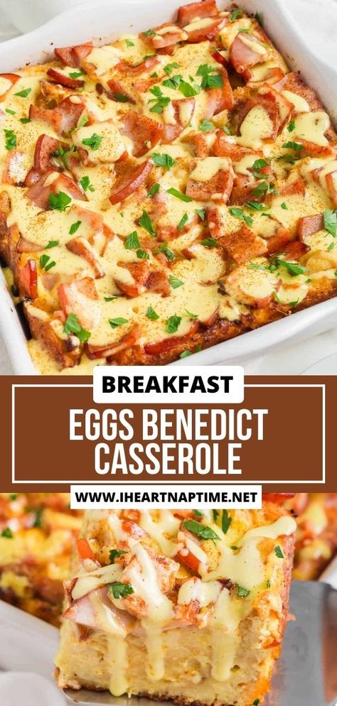 English muffin cubes and Canadian bacon pieces are held together in this eggs benedict casserole by a seasoned egg mixture and finished with a rich, velvety hollandaise sauce! Eggs Benedict Breakfast Bake, Egg Benedict Casserole, English Muffin Breakfast Casserole, Benedict Casserole, Eggs Benedict Casserole, English Muffin Breakfast, Breakfast Casserole With Biscuits, Breakfast Enchiladas, Food Holidays