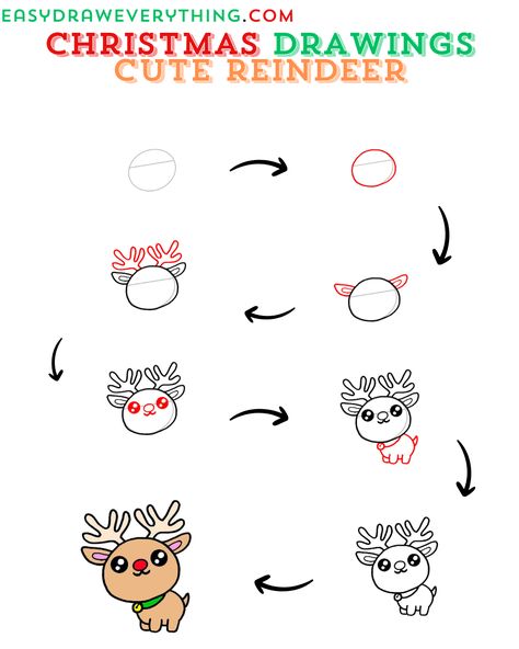 Cute Christmas reindeer Draw A Reindeer Step By Step, Reindeer Art For Kids, Simple Reindeer Drawing, Easy Reindeer Drawing, Reindeer Doodle, Christmas Pictures To Draw, Xmas Doodles, Santa Drawing, Chalk Markers Art