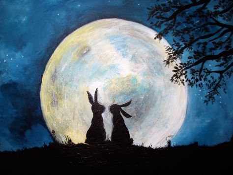 by Roosje~Rosalie Hotot Rabbit, Hare Painting, Moon Rabbit, Moon Gazing Hares, Dark Paintings, Felt Pictures, Coffee Painting, Look At The Moon, Rabbit Art