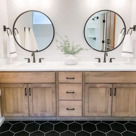 30 Wood Double Vanity Ideas for a Pretty and Purposeful Bathroom Double Vanity Ideas, Bathroom Double Vanity Ideas, White Herringbone Wall, Wood Double Vanity, Dark Wood Bathroom, Blue Bathroom Decor, Wood Bathroom Vanity, Vanity Ideas, Modern Farmhouse Bathroom