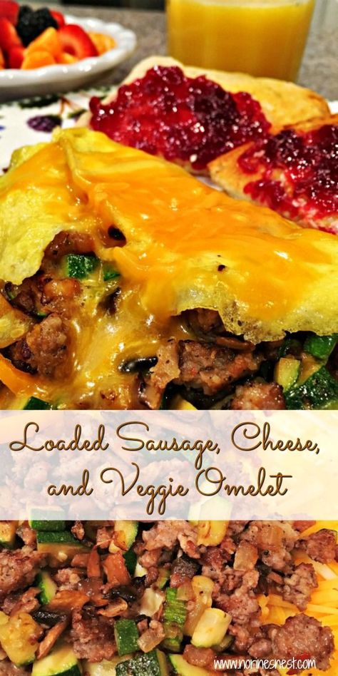 Light and Fluffy Sausage Veggie Omelet filled with flavorful sausage, sauteed onions, sweet peppers, mushrooms, cheese, and zucchini squash! Perfect for Breakfast or Dinner! Loaded Sausage, Breakfast Omelet, Pepper Rings, Omelette Recipe Easy, Mushroom Omelette, Veggie Omelet, Spinach Omelet, Sauteed Onions, Family Dinner Night