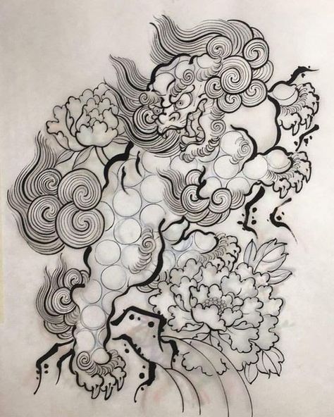 Japanese Foo Dog, Foo Dog Tattoo Design, Traditional Japanese Tattoo Flash, Foo Dog Tattoo, Japan Tattoo Design, Fu Dog, Irezumi Tattoos, Traditional Japanese Tattoos, Asian Tattoos