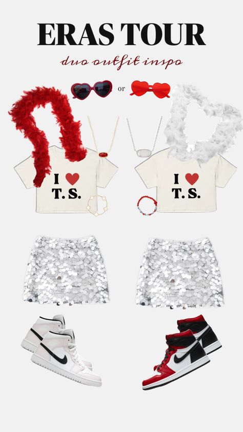 Outfit inspo for duos going to Taylor Swifts, Eras tour. Concert Oufit, Consert Outfits, Eras Tour Outfits, Taylor Swift Costume, Bracelets Outfit, Duo Costumes, Taylor Outfits, Taylor Swift Tour Outfits, Swift Tour