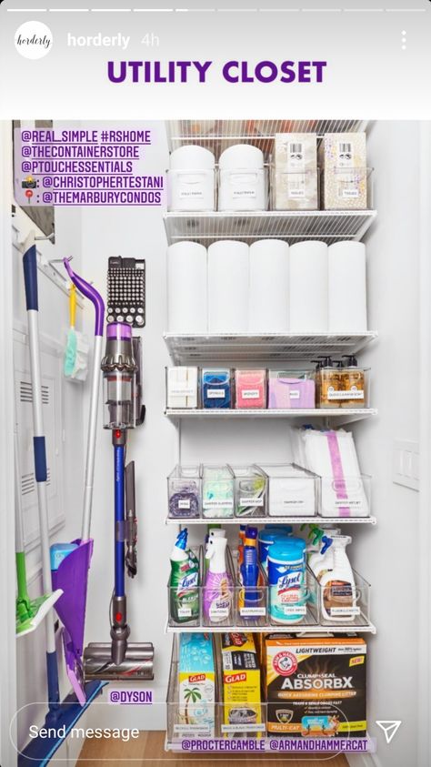 Cleaning Closet Organization, Utility Closet, House Organisation, Linen Closet Organization, Apartment Organization, Cleaning Closet, Home Organisation, Laundry Room Organization, Home Organization Hacks