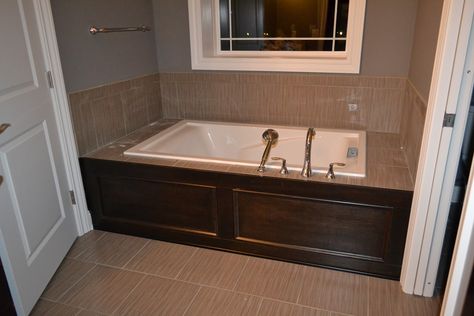 pics of tubs with wood surround | We also got our first peek at the tub surround in place: Bathtub Surround Ideas, Bathroom Brown Tile, Tub Surround Ideas, Tiled Bathrooms, Wood Bathtub, Tile Tub Surround, Bath Surround, Bathtub Surround, Drop In Tub