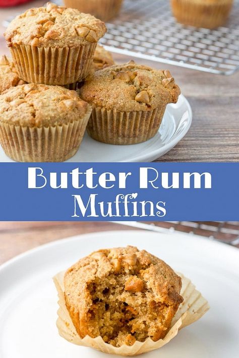 These butter rum muffins have a perfect balance of flavors. From the fun taste of the rum to the sweet of the butterscotch chips they will satisfy all your breakfast needs. #butterscotch #butterrum #muffins #dishesdelish https://ddel.co/bttrrum Butterrum Muffins, Butter Rum Muffins, Rum Muffins, Butter Rum, Simple Muffin Recipe, Homemade Muffins, Butterscotch Chips, Healthy Muffins, Chocolate Chip Muffins