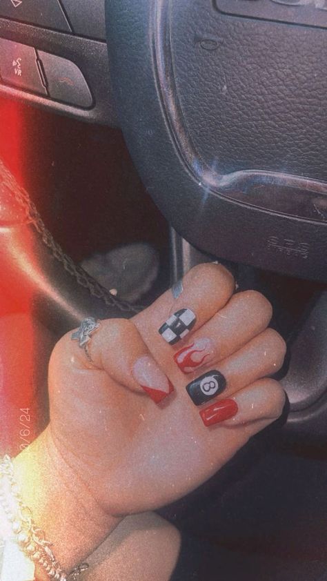 Western Punchy Nail Ideas, Nfr Nails Ideas, Western Red Nails, Racing Nails Dirt Track, Rodeo Nail Ideas, Acrylic Nails Western, Black Western Nails, Red Western Nails, Western Nails Simple