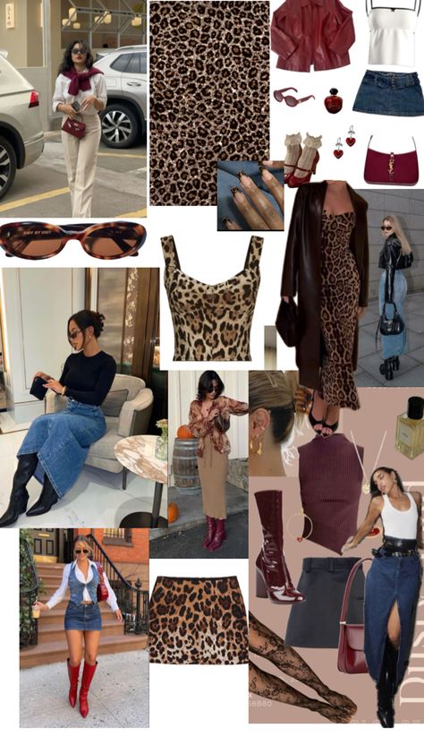 A collage of clothing pieces and jewellery items that match well with leopard print. Good matches are denim, black, burgundy or red clothing items and accessories. Leopard Print Outfits, Outfit Classy, Animal Print Outfits, Fall 24, Brunch Outfit, Denim Outfit, Morning Coffee, Fashion Inspo Outfits, Leopard Print