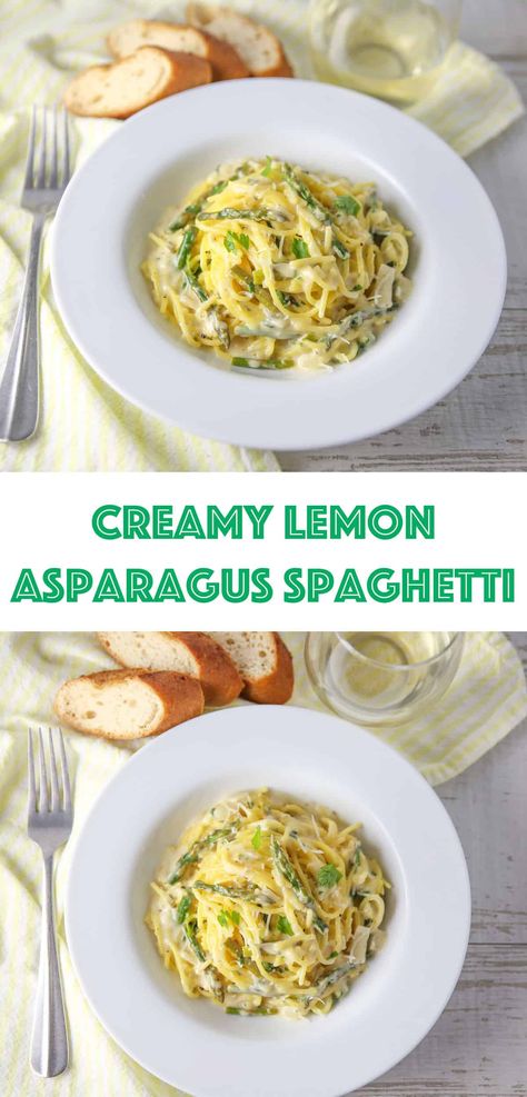 This Creamy Lemon Asparagus Spaghetti comes together in less than 30 minutes including prep time! The flavors of everything come together perfectly, creating a taste explosion with every bite! Asparagus Spaghetti, Lemon Asparagus Pasta, Lemon Asparagus, Cooking With White Wine, Vegetarian Italian, Plant Based Recipes Easy, Easy Main Dishes, Healthy Plant Based Recipes, Asparagus Pasta