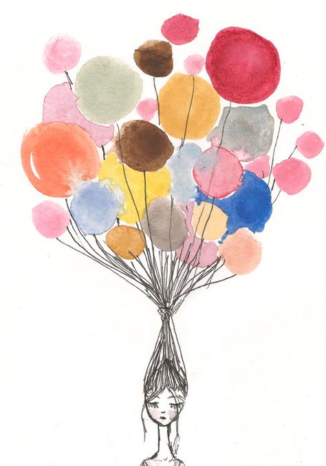 Dreamer Drawing, Balloon Illustration Drawing, Watercolour Disco Ball, Watercolor Balloons Painting, Air Balloon Watercolor Paintings, Ballon Watercolor, Grafic Art, Line Sketch, Happy B Day