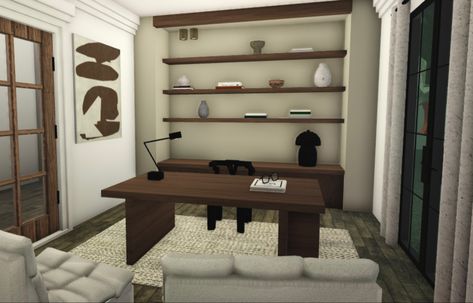 Aesthetic Office Bloxburg, Bloxburg Study Room Ideas Modern, Small Office Bloxburg, Modern Office Design Bloxburg, Blox Burg Office Ideas, Desk Area Bloxburg, Bloxburg Home Office Ideas, Office Ideas In Bloxburg, Bloxburg School Office Ideas