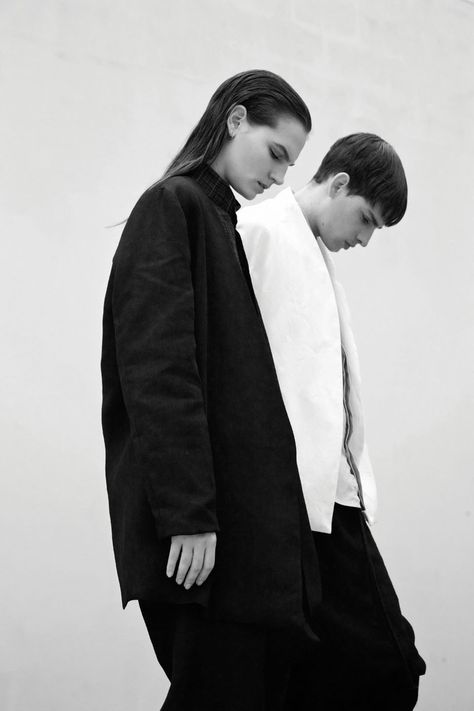 Two People Editorial, Genderless Aesthetic, Yoann Bourgeois, Streetwear Suit, Black And White Streetwear, High Contrast Photography, James Nachtwey, Simply Aesthetic, Unisex Aesthetic