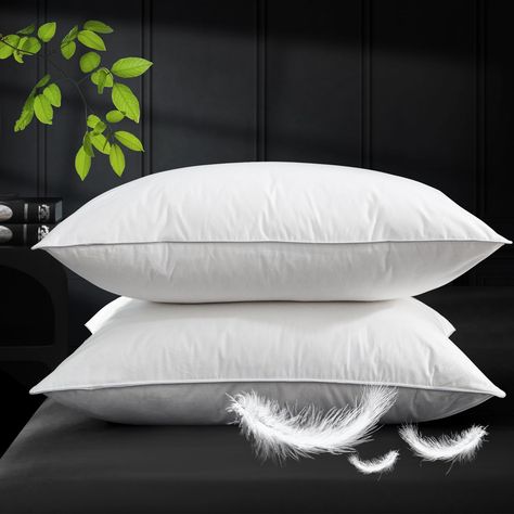 PRICES MAY VARY. 【Premium Filling】Our pillow is 3-layers design, striking the perfect balance between softness and support(Inner 100% white goose feather; Outer 100% goose down fiber) All of GOOSE Feather and down filling is approved by Responsible Down Standard(RDS). 【100% Cotton Down-Proof Shell】Our goose down feather pillow encased in a exquisite 100% cotton percale that is OEKO certified.Soft to skin, breathable and noiseless. Enjoy a cozy and restful sleep with our hotel pillow without any feather poking or smell. 【Long-lasting Pillow】A feather down pillow can last for years. If it becomes flat over time, simply pat it and leave it in the sun for 2 to 3 hours to restore fluffiness. It's more resilient than other materials and it's a natural choice for comfort. 【Medium Firm Pillow】The White Fluffy Pillow, Firm Pillow, Goose Down Pillows, Feather Bed, Hotel Pillows, Feather Pillow, Firm Pillows, Stomach Sleeper, Goose Feather