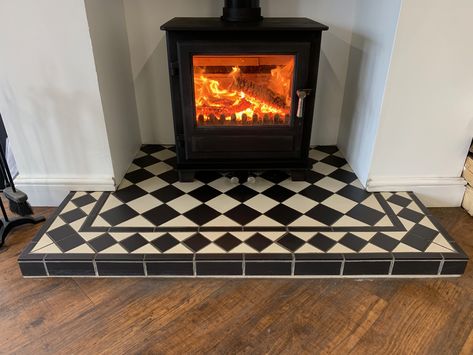 MAKE Black And White Hearth Tiles, Victorian Tiled Hearth, Tiles Fireplace Hearth, Wood Burning Stove Tile Surround, Tiled Hearth Log Burner, Fireplace Tiled Hearth, Tiled Fireplace With Log Burner, Log Burner Hearth, Tiled Fireplace Woodburner