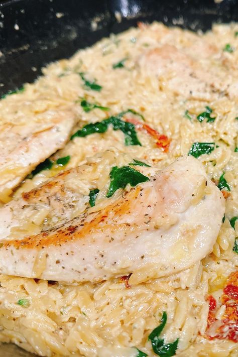 Lemon Chicken Orzo Bake Boursin, Chicken Orzo Boursin Recipes, Boursin Chicken Orzo Bake, Boursin Orzo With Chicken, Orzo Boursin Bake Oven, Chicken Boursin Orzo, Boursin Orzo Bake, Dutch Oven Chicken Breast, Boursin Chicken