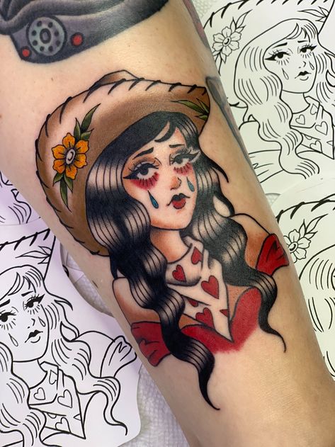 Goth Traditional Tattoo Flash, American Traditional Mexican Tattoo, Love Inspired Tattoos, Pretty Traditional Tattoo, Trad Girl Tattoo, Rodeo Clown Tattoo, American Traditional Cowgirl Tattoo, Traditional Witch Tattoo, Cowgirl Pinup Tattoo