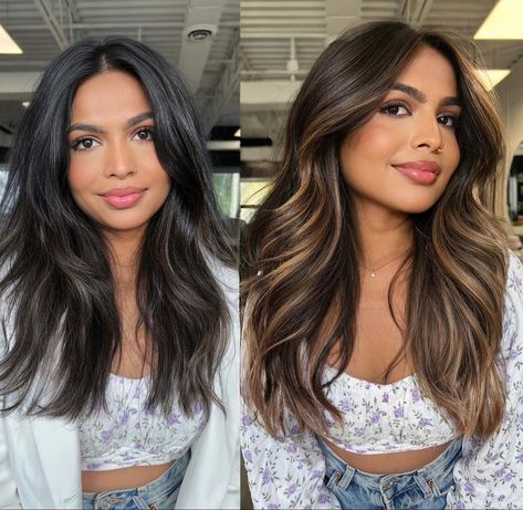 Level 2 Hair Color Balayage, Layers With Colored Hair, Highlights Layers Brown Hair, Hair Colour For Layered Hair, Blonde For Indian Skin, Caramel Face Framing Highlights On Dark Hair, Dyed Hair For Indian Women, Balayage Hair For Tan Skin Tone, Hair Colour That Suits Indian Skin