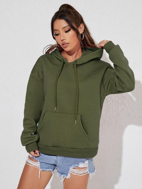 Green Hoodie Women, Olive Green Hoodie, Women Sweatshirts, Green Hoodie, Drawstring Hoodie, Winter Women, Kangaroo Pocket, Army Green, Women Clothing