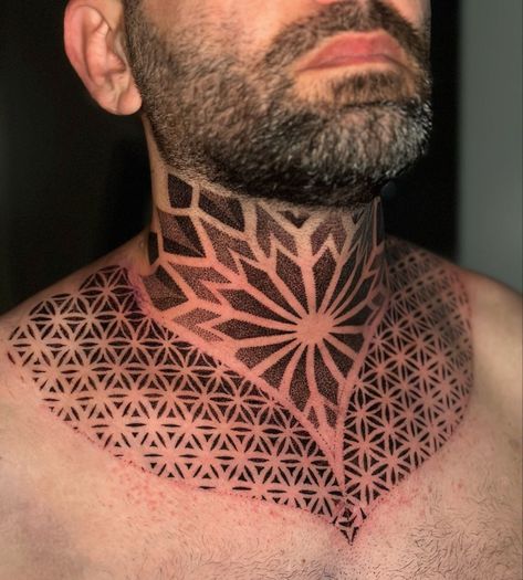 Mandala Neck Tattoo Men Design, Men’s Geometric Neck Tattoo, Geometrical Neck Tattoo, Neck Tattoo Filler Ideas, Mandela Neck Tattoo, Pattern Neck Tattoo, Neck Filler Tattoo, Neck Geometric Tattoo, Mandala Neck Tattoo Men