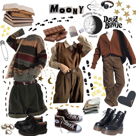 Remus Lupin Clothing Aesthetic, Bowie Outfit Inspiration, Remus Lupin Wardrobe, Anything For Our Moony Aesthetic, Demigirl Outfits, Goblin Core Outfit, Grunge Academia, Hogwarts Outfits, Masc Outfits