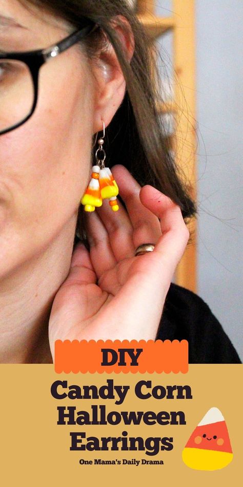 Make your own handmade bead jewelry! These candy corn earrings are a cute and easy DIY craft using beads to show off your love of all things sweet this Halloween. Get supplies and step-by-step instructions from One Mama's Daily Drama. Diy Candy Corn, Daily Drama, Halloween Jewelry Diy, Corn Bead, Corn Earrings, Halloween Themed Food, Easy Kid Activities, Candy Corn Earrings, Handmade Bead Jewellery